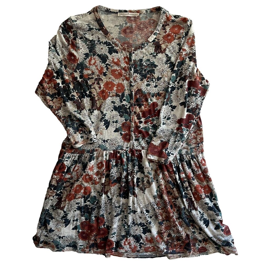 Peruvian Connection Dress S Wanderlust Floral Henley Drop Waist Long Sleeve
